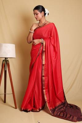Stunning Red Saree with Zari Border and Blouse 1
