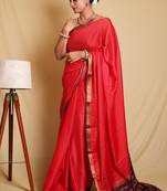 Stunning Red Saree with Zari Border and Blouse