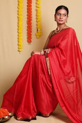 Stunning Red Saree with Zari Border and Blouse 5