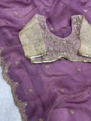 Primium Glass Barsahana Gold Chifon Crush Silk Saree With Stitched Blouse (42 Size) 2