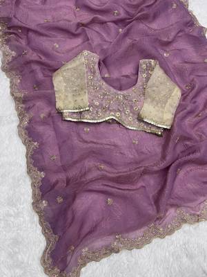 Primium Glass Barsahana Gold Chifon Crush Silk Saree With Stitched Blouse (42 Size) 3