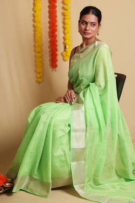 Classic Green Cotton Saree with Matching Blouse 1