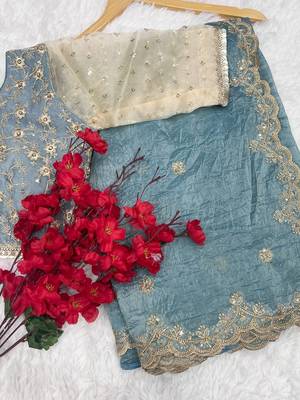 Primium Glass Barsahana Gold Chifon Crush Silk Saree With Stitched Blouse (42 Size) 1