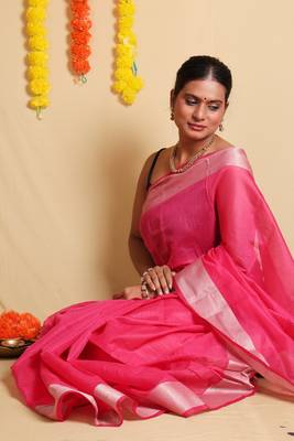 Timeless Pink Plain Cotton Saree with Blouse 4