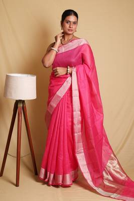 Timeless Pink Plain Cotton Saree with Blouse 1