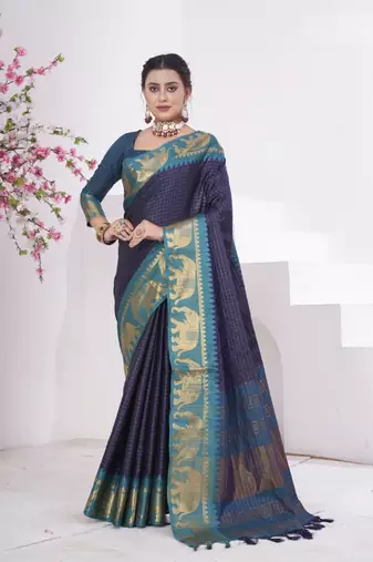 Navy Blue kanjivaram silk blend with Rich Gold Border And Elephant Motifs Saree With Blouse For Women