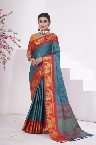 Indigo kanjivaram silk blend with Rich Gold Border And Elephant Motifs Saree With Blouse For Women