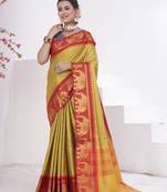 Yellow kanjivaram silk blend with Rich Gold Border And Elephant Motifs Saree With Blouse For Women