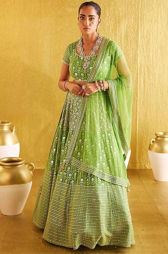 Women's Parrot Green Faux Banglory Silk 9Mm Sequins with Zari Embroidered Semi-Stitched Lehenga Choli & Dupatta
