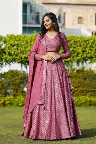 Women's Metallic Pink Faux Georgette 9Mm Sequins with Thread Embroidered Semi-Stitched Lehenga Choli & Dupatta