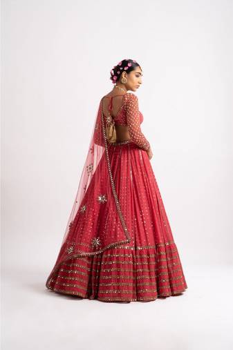 Women's Gajri Red Faux Georgette 3Mm, 5Mm & 9Mm Sequins with Zari Embroidered Semi-Stitched Lehenga Choli & Dupatta