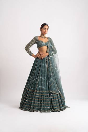 Women's Dark Green Faux Georgette 3Mm, 5Mm & 9Mm Sequins with Zari Embroidered Semi-Stitched Lehenga Choli & Dupatta