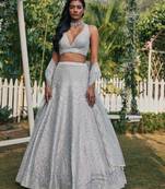 Women's Steel Grey Heavy Banglori Silk Paper Mirror with Zari Thread & 3Mm Sequins Embroidered Lehenga Choli & Dupatta