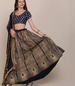 Women's Navy Blue Taffeta Silk Thread Embroidered Semi-Stitched Lehenga Choli & Dupatta
