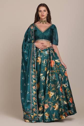 Women's Teal Chinon Floral Printed Semi-Stitched Lehenga Choli & Dupatta