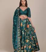 Women's Teal Chinon Floral Printed Semi-Stitched Lehenga Choli & Dupatta