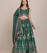 Women's Bottle Green Crepe Floral Printed Semi-Stitched Lehenga Choli & Dupatta