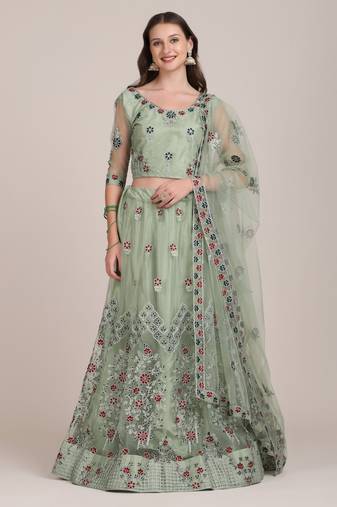 Women's Sea Green Net Thread Embroidered Semi-Stitched Lehenga Choli & Dupatta