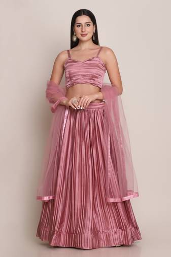 Women's Dusty Pink Satin Silk Platted Work Semi-Stitched Lehenga Choli & Dupatta
