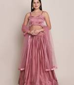 Women's Dusty Pink Satin Silk Platted Work Semi-Stitched Lehenga Choli & Dupatta