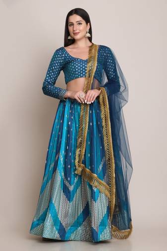 Women's Rama Silk Blend Zari Woven Semi-Stitched Lehenga Choli & Dupatta