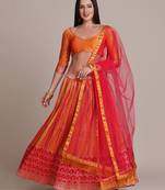 Women's Orange Silk Blend Zari Woven Semi-Stitched Lehenga Choli & Dupatta
