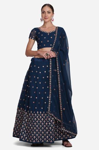 Women's Navy Blue Georgette Thread Embroidered Semi-Stitched Lehenga Choli & Dupatta