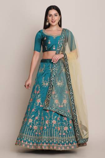 Women's Teal Taffeta Silk Thread Embroidered Semi-Stitched Lehenga Choli & Dupatta