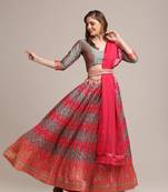 Women's Grey Jacquard Silk Gold Woven & Platted Work Semi-Stitched Lehenga Choli & Dupatta