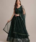 Women's Dark Green Net Embellished Semi-Stitched Lehenga Choli & Dupatta