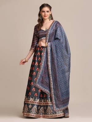 Women's Dark Grey Jacquard Silk Floral Printed Semi-Stitched Lehenga Choli & Dupatta 1