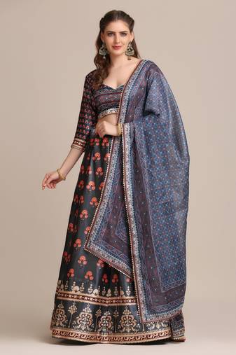 Women's Dark Grey Jacquard Silk Floral Printed Semi-Stitched Lehenga Choli & Dupatta