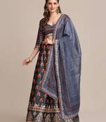 Women's Dark Grey Jacquard Silk Floral Printed Semi-Stitched Lehenga Choli & Dupatta