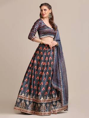 Women's Dark Grey Jacquard Silk Floral Printed Semi-Stitched Lehenga Choli & Dupatta 2