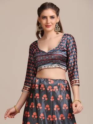 Women's Dark Grey Jacquard Silk Floral Printed Semi-Stitched Lehenga Choli & Dupatta 3