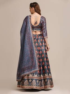 Women's Dark Grey Jacquard Silk Floral Printed Semi-Stitched Lehenga Choli & Dupatta 4