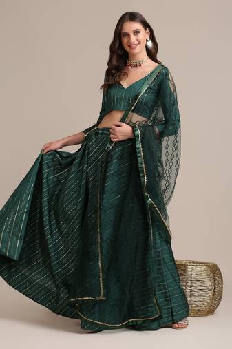 Women's Bottle Green Georgette Sequins Semi-Stitched Lehenga Choli & Dupatta