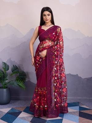 maroon embroidered net net sarees with blouse 1