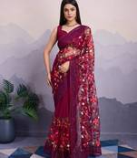 maroon embroidered net net sarees with blouse