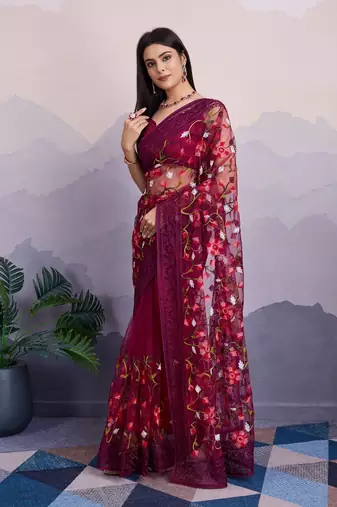maroon embroidered net net sarees with blouse