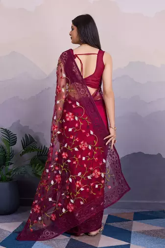 maroon embroidered net net sarees with blouse