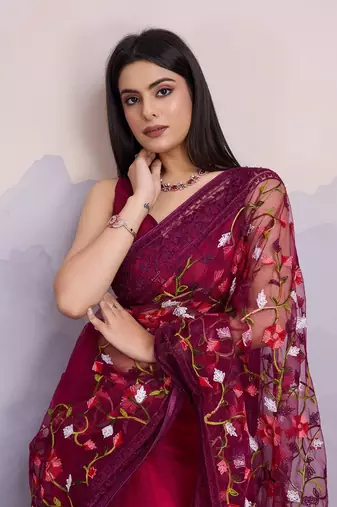 maroon embroidered net net sarees with blouse