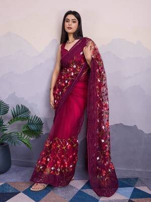maroon embroidered net net sarees with blouse 5