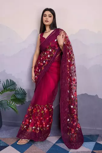 maroon embroidered net net sarees with blouse