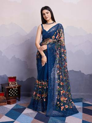 navy blue embroidered net sarees with blouse 1