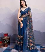 navy blue embroidered net sarees with blouse