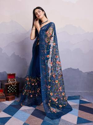 navy blue embroidered net sarees with blouse 2