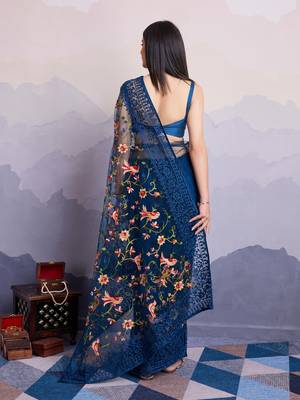 navy blue embroidered net sarees with blouse 3