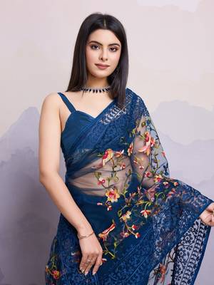 navy blue embroidered net sarees with blouse 4