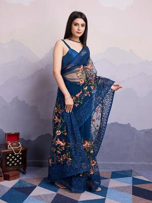 navy blue embroidered net sarees with blouse 5